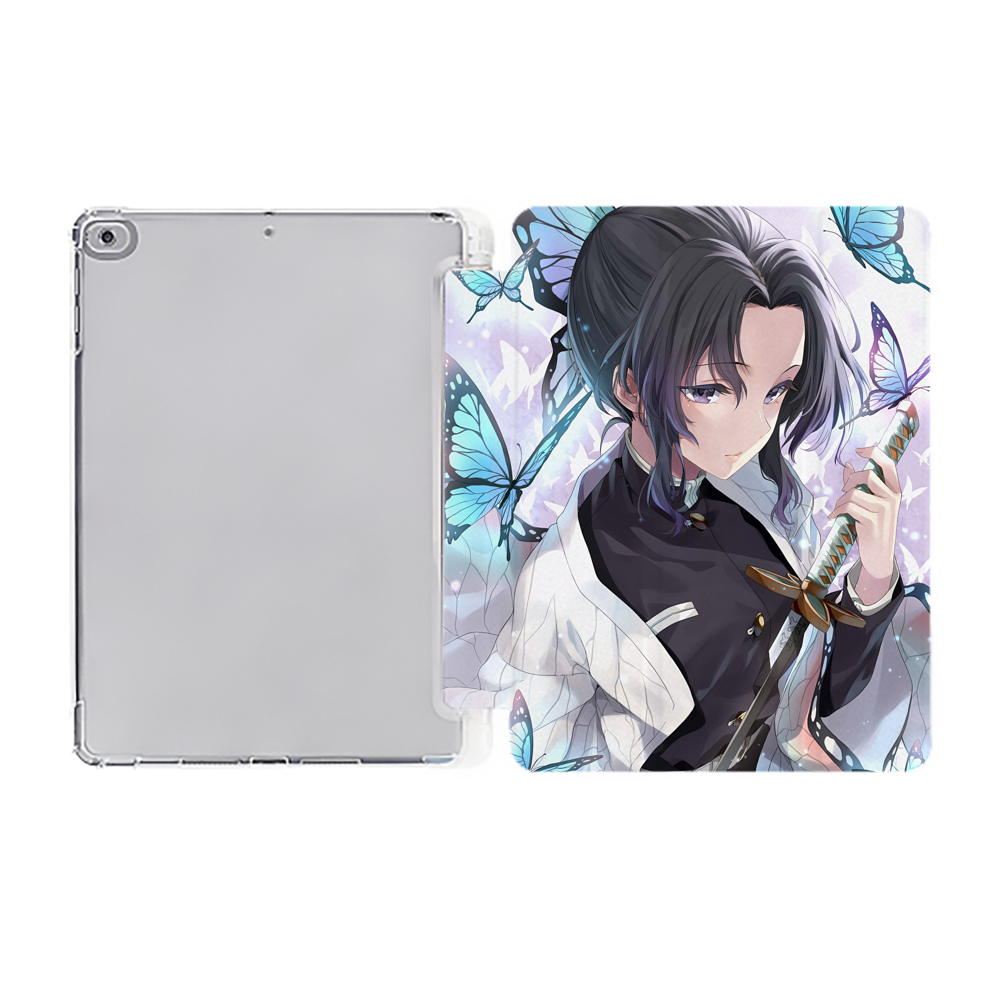 （画像用） 鬼滅の刃（きめつのやいば）蟲柱-胡蝶 しのぶ／こちょう しのぶ Kochou Shinobu IPad ケース ペン収納付き 三つ折りスタンド PUレザー×シリコン 対応機種9.5/10.5/10.9インチ